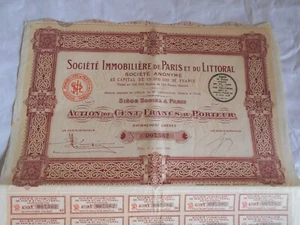 Vintage share certificate Stock Bonds action cSociete immobiliere paris 1924 - Picture 1 of 2