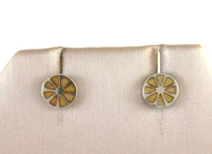 .925 Sterling Silver Vintage Stud Earrings Lemon Slice Small Child Yellow Enamel - Picture 1 of 2