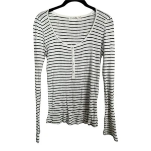 Rag & Bone Top XS Cream Blue Striped Ribbed Scoop Neck Long Sleeve Cotton Y2K - Picture 1 of 6