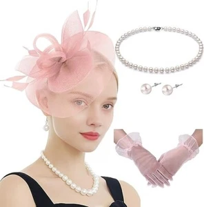 Fascinators Hats with Gloves Set for Women 20s 55s Cocktail Tea Party New-pink - Picture 1 of 7