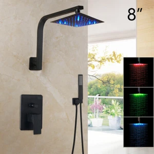 Juego de grifos de ducha de lluvia LED negro cuello de ganso válvula mezcladora grifos de pulverización manual - Imagen 1 de 29