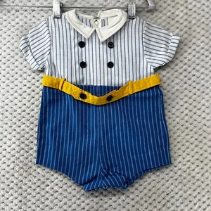 Vintage Striped Romper Sailor Yellow Belted One Piece Outfit Baby Toddler 1 Yr - Picture 1 of 8