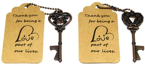 Skelett Schlüssel Flaschenöffner Messingfarben Herz Rose Diamant 2x Hochzeit Accessoire - Bild 1 von 4