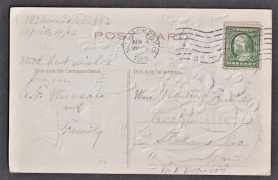 US #374 FRANKLIN EASTER GREETINGS COVER MILWAUKEE WISC TO CECIL WISCONSIN 1912 - Image 1 of 3