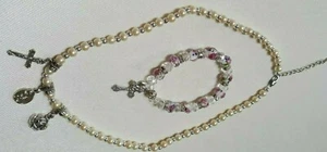 Faux Pearl Bead Necklace & Rose Wedding Glass Bead Bracelet-Charms-Cross Rose - Picture 1 of 10