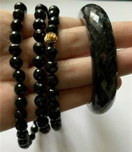 Vintage Black Jadeite Jade Chinese Bangle Bracelet Small Size w/Beaded Necklace - Picture 1 of 14