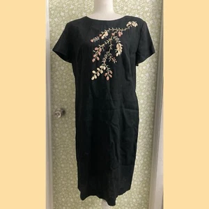 Vintage Positive Attitude Größe 14 Leinenmischung schwarz bestickt Blumen Kleid - Bild 1 von 4