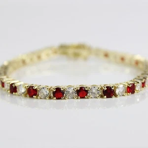 Yellow Gold Finish Red Ruby Round Cut Alternating Created Diamond Bracelet - Picture 1 of 4