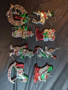 (8) Vintage Metallic Plastic Silver Reindeer Bell+ Christmas Ornaments - Picture 1 of 3
