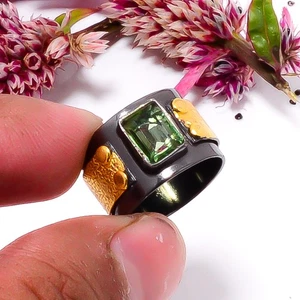 Green Tourmaline Black And Gold Plated 925 Sterling Silver Ring s.6 Sku18 - Picture 1 of 2