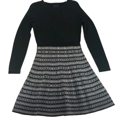 Cynthia Rowley Womens Sz L Black & White Knit Fit & Flare Long Sleeve Dress NWT - Image 1 of 4