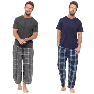 Mens Short Sleeve Pyjamas Jersey Top Woven Checked Bottoms Pyjama Set - Picture 1 of 10