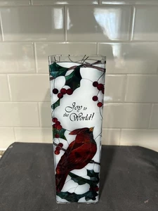 Winter Song Glass Vase Cardinal Hand Painted 10 " tall 3 in wide By Joan Bake - Picture 1 of 5