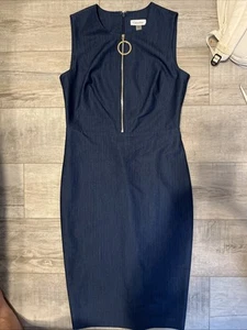 Calvin Klein Sheath Dress Size 6 Metallic Denim Look Gold Zipper Navy Sleeveless - Picture 1 of 5