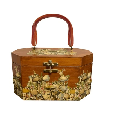 Annie Laurie Originals Wooden Purse 3D Decoupage Mushrooms Woodland Mid Century - Image 1 of 4