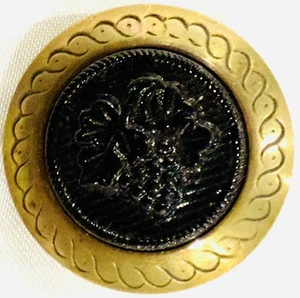 Pretty Antique Black Glass Center Grapes Set In Metal Button w/ Engraved Border - Picture 1 of 3