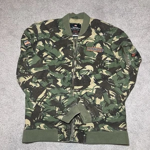 Superdry Mens Jacket Large L Green Splatter Camo Bomber Military Army Zip Rookie - Picture 1 of 15