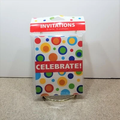 Celebrate Dots Party Invitations ~ 8 Brand New Sealed Invitations and Envelopes - Image 1 of 2