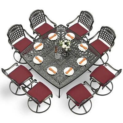 Juego de comedor de patio exterior de 9 piezas mesa cuadrada y silla giratoria de aluminio fundido para patio Foto 1 de 4