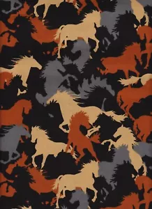 WILD HORSES GRAY TAN RUST BLACK silhouette 100% Cotton 23"X44" REMNANT - Picture 1 of 1
