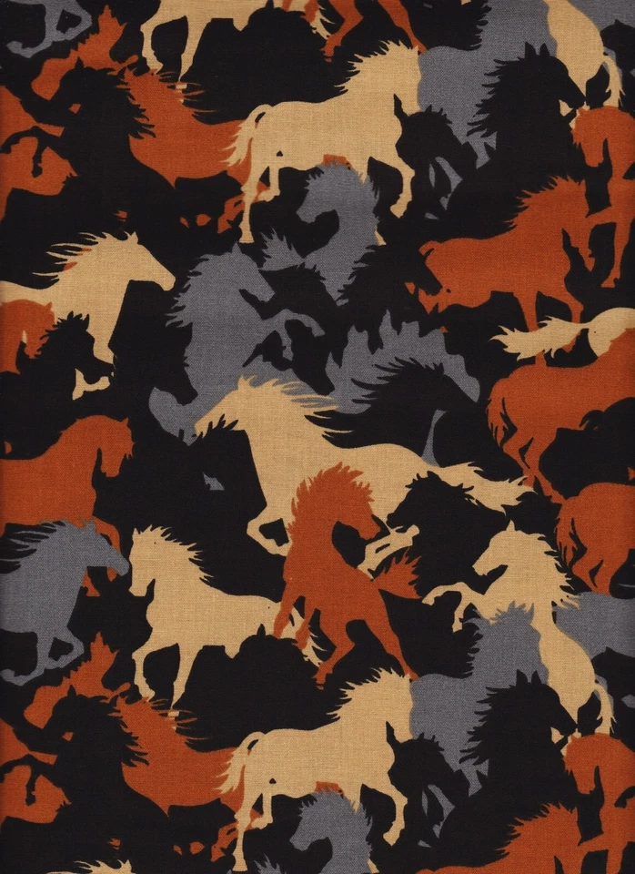 WILD HORSES GRAY TAN RUST BLACK silhouette 100% Cotton 23"X44" REMNANT - Image 1 of 1