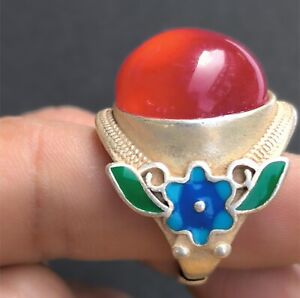 1.18" Qing Dynasty Tibetan Silver Red Jade flowers and plants ring