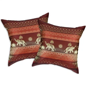 Red Wine Thai Elephant Sun Stripes Silk Throw Pillow Cushion Cover Set - Picture 1 of 8