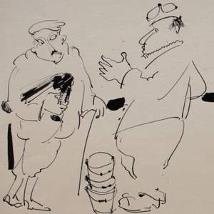 Marek Bieganik trabajador en conversación humor arte Polonia sign tinta dibujo 1980 - Imagen 1 de 4
