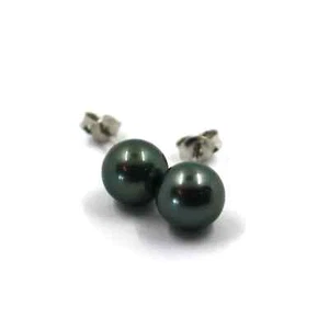 ORECCHINI IN ORO BIANCO 18K, A LOBO, CON PERLA NERA TAHITI, DIAMETRO 8 MM - Foto 1 di 7