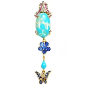 925 STERLING SILVER BUTTERFLY PENDANT NATURAL TURQUOISE KYANITE, SAPPHIRE & RUBY - Picture 1 of 10