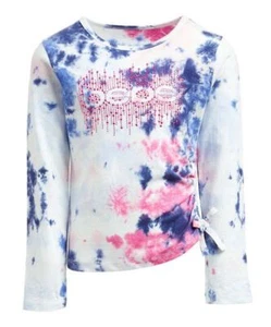 $29 Bebe Blue Tie-Dye Logo Ruched-Side Long-Sleeve Top Tie Dye S(7/8) NWOT - Picture 1 of 1