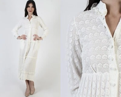 Vintage Plain White Lace Dress Button Up Victorian Tiered Sheer High Waist Midi - Image 1 of 4