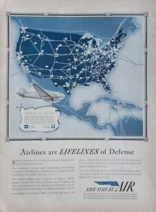 Air Transport Association, Route Map "Save Time By Air" 1940's Aviation Ad - Picture 1 of 1