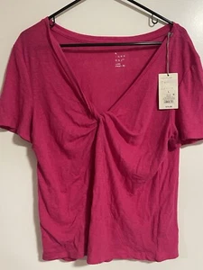 A New Day Pink Linen V Neck Twist Short Sleeve Top T-Shirt Women Large NEW - Picture 1 of 4