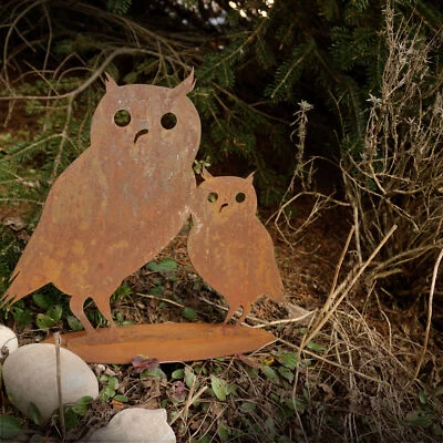 Garten deko Rost Beet Baum Stecker Uhu Paar Eule mit Sockel Metall Stahl Vogel - Bild 1 von 4