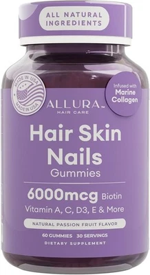 Allura Hair Skin Nails 60 Gummies USA Made Vitamin A C D3 E Marine Collagen - Image 1 of 2