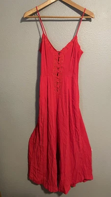 Женский комбинезон Free People размер 0 красный с вышивкой отделка широкие штанины летний богемный - Изображение 1 из 4