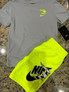 NWT 2pc Nike Gray Neon Yellow Shirt & Swim Shorts Set sz 6 - Picture 1 of 1