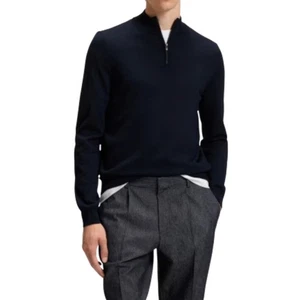 HUGO BOSS Pure Merino Wool Zip Neck Sweater Herren S Blau Classic Business Travel - Bild 1 von 10