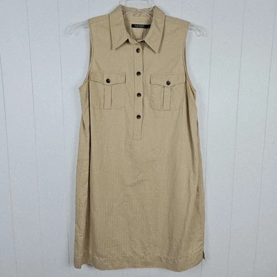 Ralph Lauren Knee Length Dress Sleeveless Safari Equestrian Sz 14 Khaki Linen - Image 1 of 4