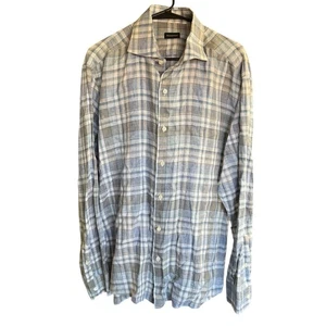 Ermenegildo Zegna Sz 2XL Plaid Linen Blue/Gray Shirt Spread Collar Button Front - Picture 1 of 7