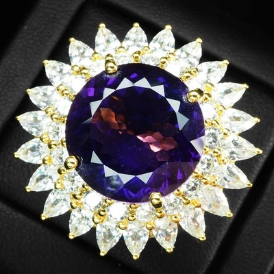 Impresionantes anillos redondos de plata de ley 925 de 13,20 quilates de amatista púrpura rica de oro de 24 quilates Foto 1 de 4