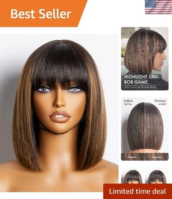 10 Inch Yaki Straight Bob Wig with Bangs Human Hair Glueless HD Lace Bob Wig ... - Image 1 of 4