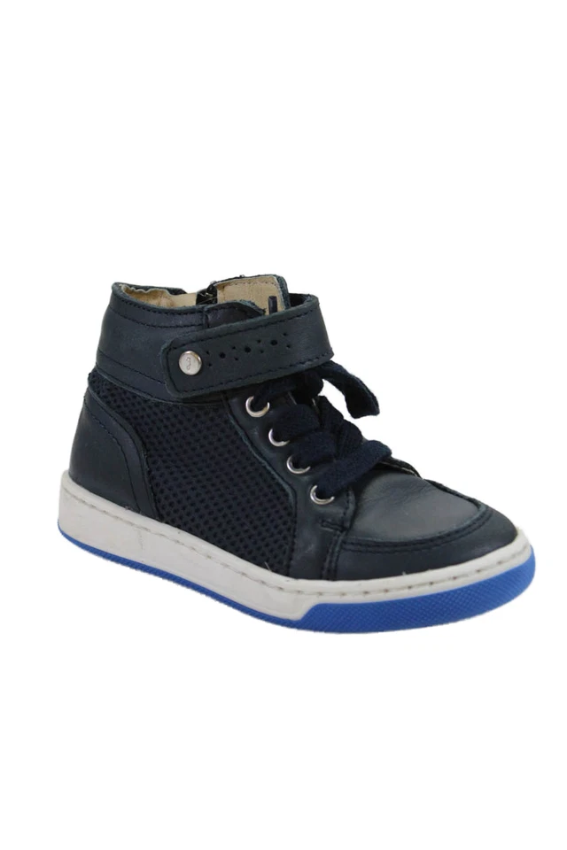 Jacadi Boys Side Zip Lace Up Laser Cut High Top Sneakers Blue Leather Size 25 - Image 1 of 4