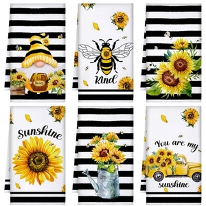 6 Pcs Sunflower Kitchen Towels Bee Hand Towels Set Summer Stripes Gnomes Dish... - Picture 1 of 6