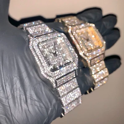 Reloj para hombre dorado/blanco de lujo hip-hop cuadrado número romano helado Foto 1 de 2