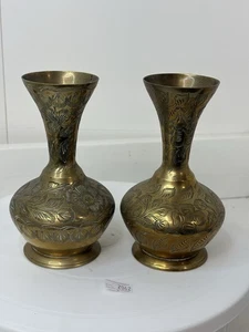2 Etched Brass Vases Floral Decoration 6” - Picture 1 of 9