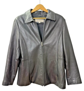Liz Claiborne WOMENS LARGE PRE-OWNED Black 100% Leather Zip Buttery Soft Jacket - Picture 1 of 15