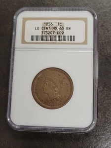 1856 SLANTED 5 Coronet, Braided Hair Large Cent 1C NGC MS63BN Off-Center - Picture 1 of 8