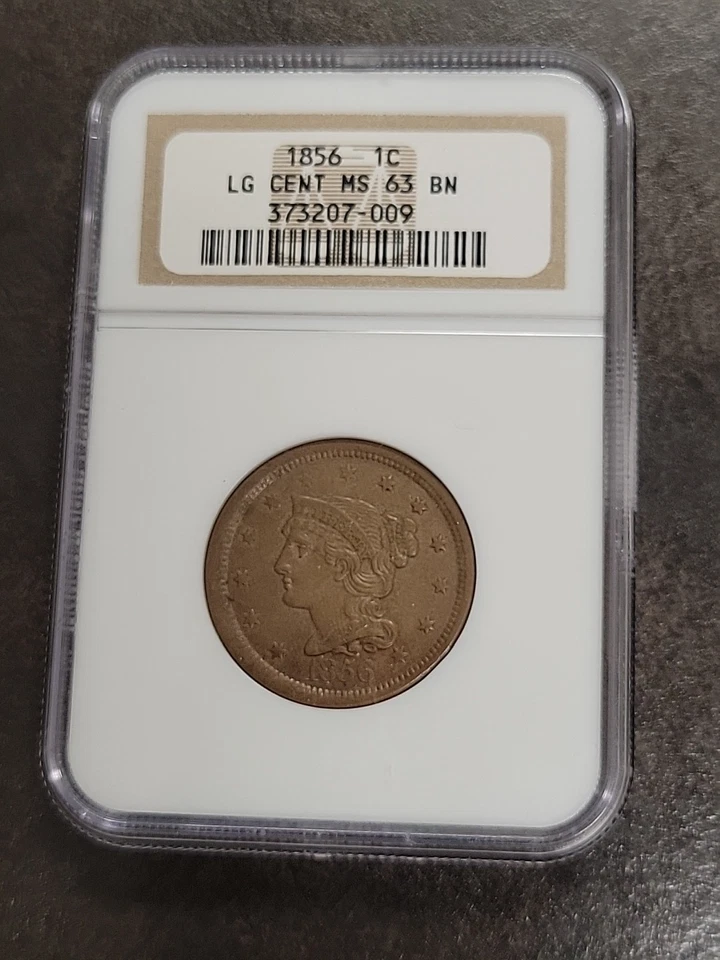 1856 SLANTED 5 Coronet, Braided Hair Large Cent 1C NGC MS63BN Off-Center - Image 1 of 4